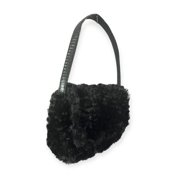 Black Curly Lamb Fur Handbag, Flap, Lizard Print Leather handle. - Picture 3 of 9